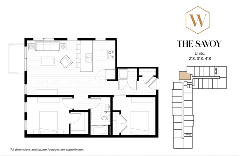 Floor plan for 2 beds, 1 bath, 934 sqft